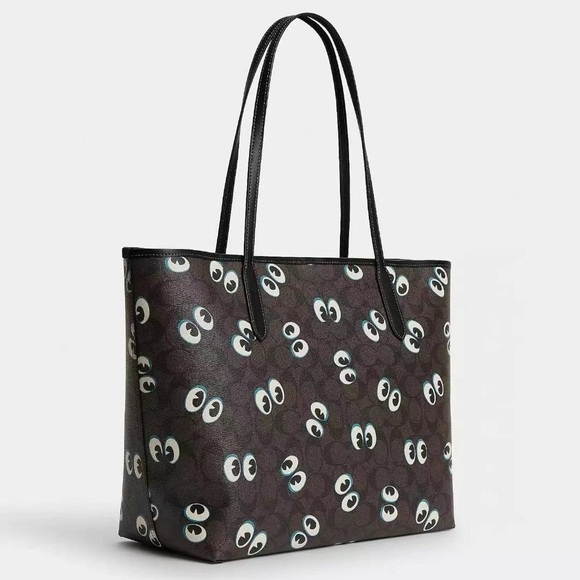 Coach City Tote Shoulder Halloween Eyes Bag CM758 Brown Black - Picture 2 of 5